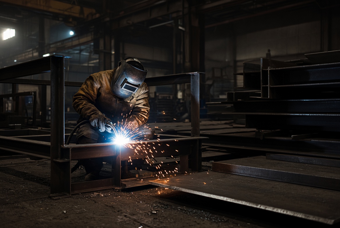 Welder fabricating a steel frame