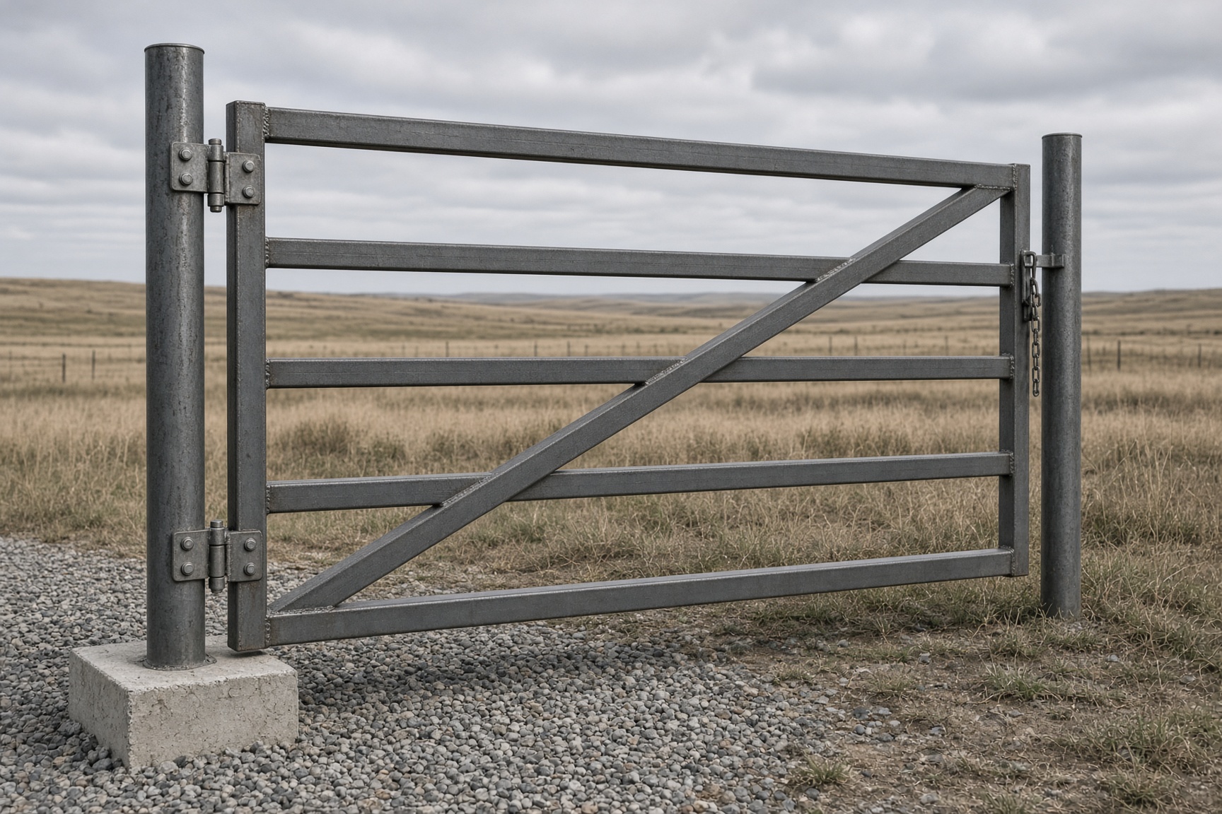 Square-tube farm gate with the diagonal brace running from the hinge bottom to the latch top