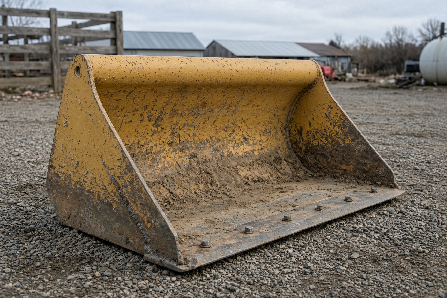 Yellow loader bucket with a bolt-on cutting edge and no quick-attach