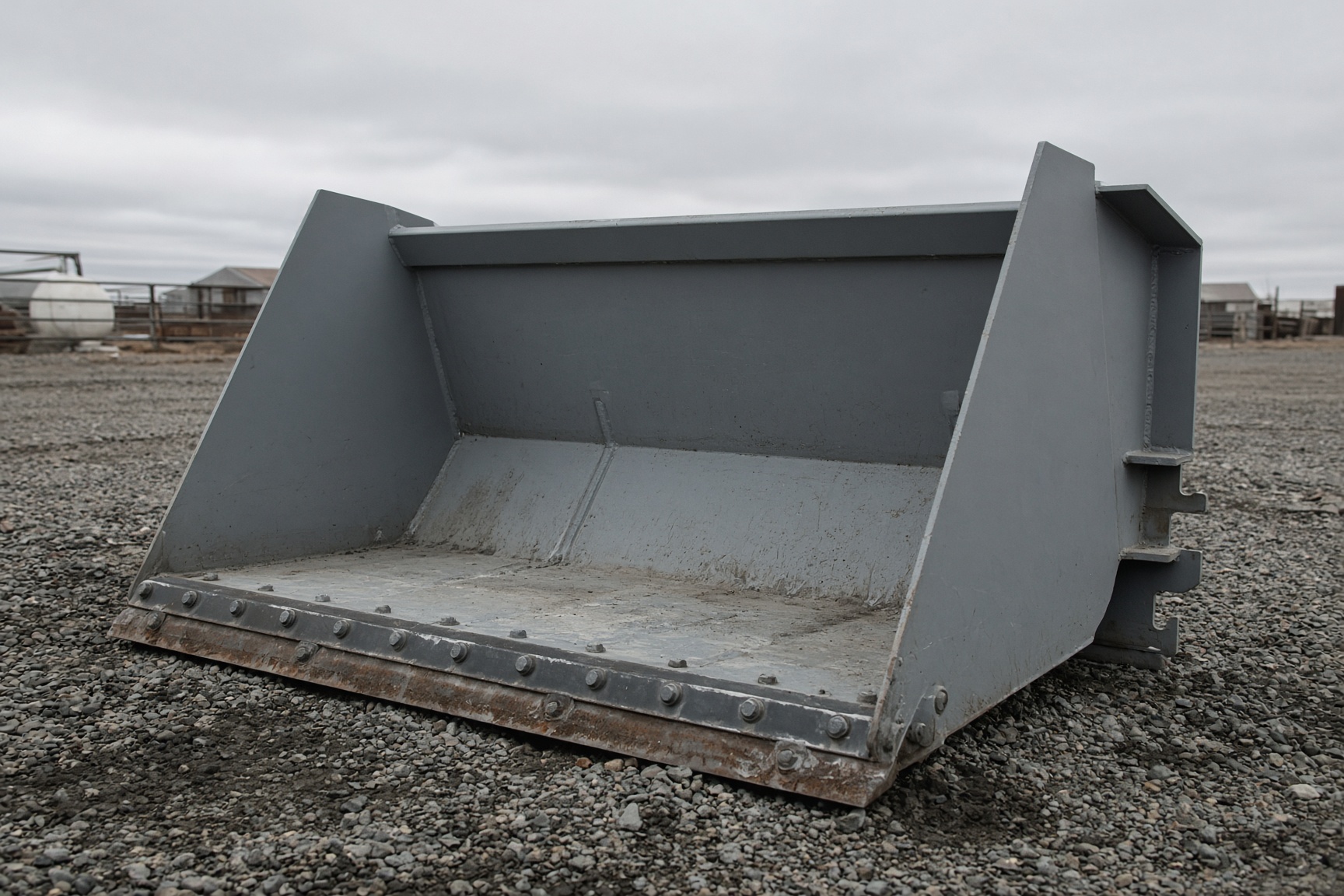 Tall loader snow bucket with a cutting edge and quick-attach plate